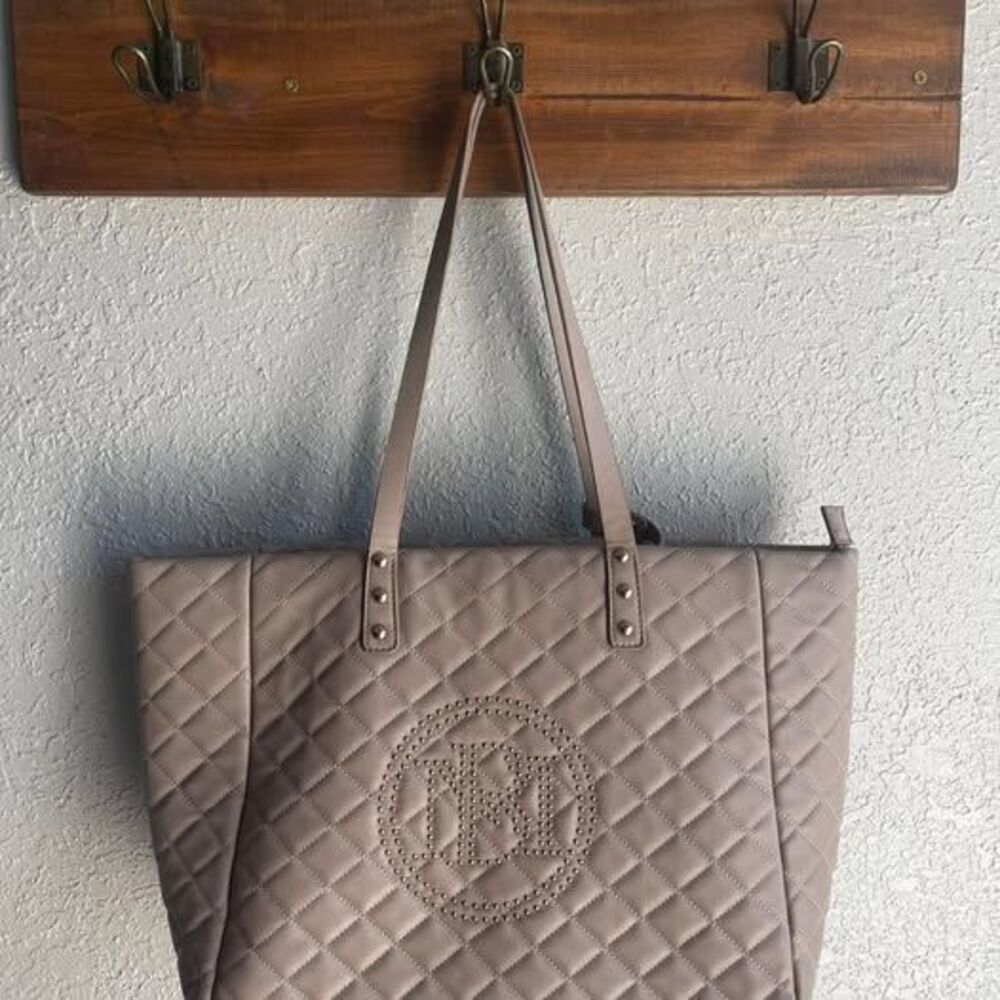 Badgley Mischka Tan Quilted Studded Tote Bag w/ Matching Zip Pouch